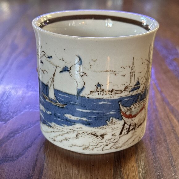 Vintage Coffee Mug Speckled Otagiri Japan Fishing Boats Seagulls Beach Sun - Picture 9 of 10